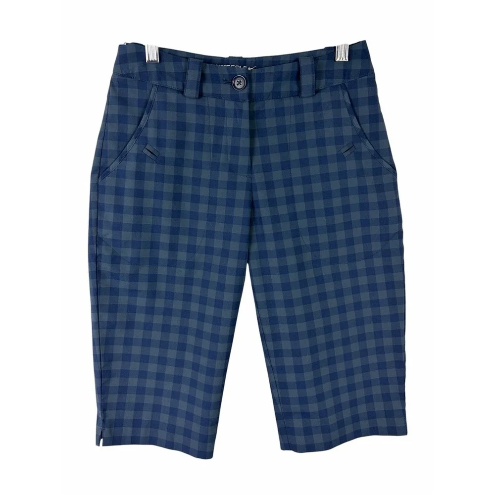 Nike Golf Tour Performance Dri-FIT Blue Check Plaid Golf Bermuda Shorts Womens 0